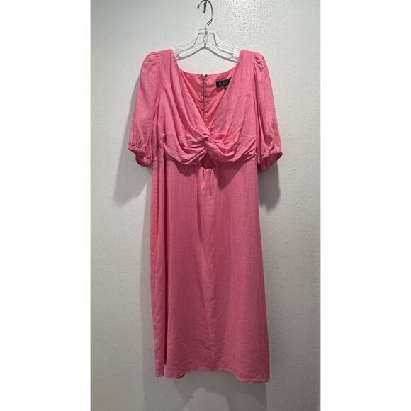 Eloquii Plus Size 20 Bright Pink Twist Bodice Cut Out Midi Dress Linen Blend - Picture 1 of 7
